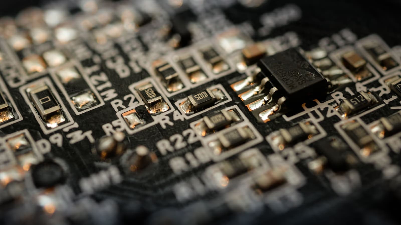 Gros plan sombre d'une carte électronique et de ses composants soudés, éclats cuivrés en faible profondeur de champ, évoquant l'infrastructure technique des cryptoactifs