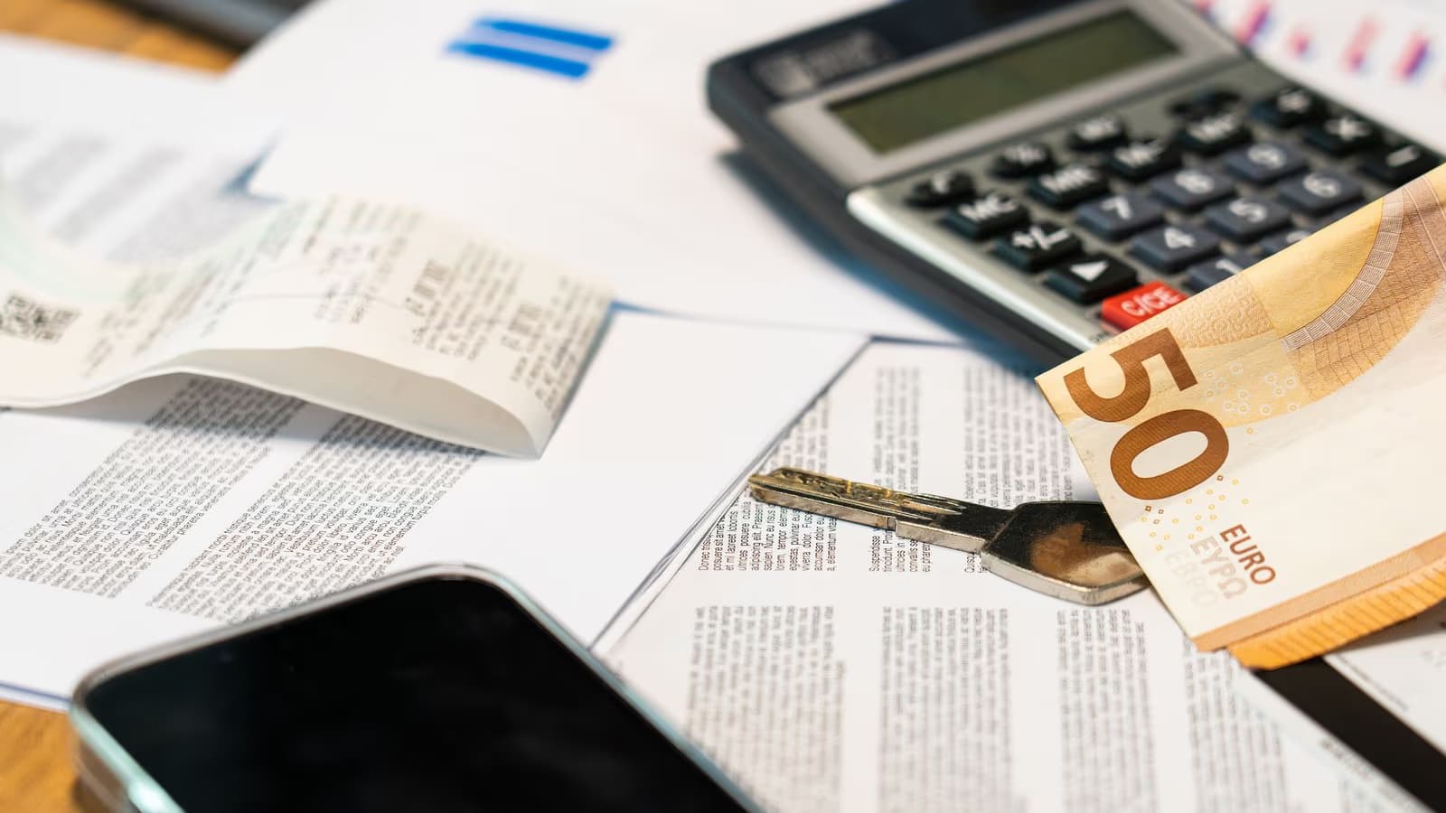 Calculatrice de bureau, billet de 50 euros, clé de logement et ticket de caisse posés sur des documents imprimés, illustration de la paperasse fiscale et comptable à traiter pour un bailleur