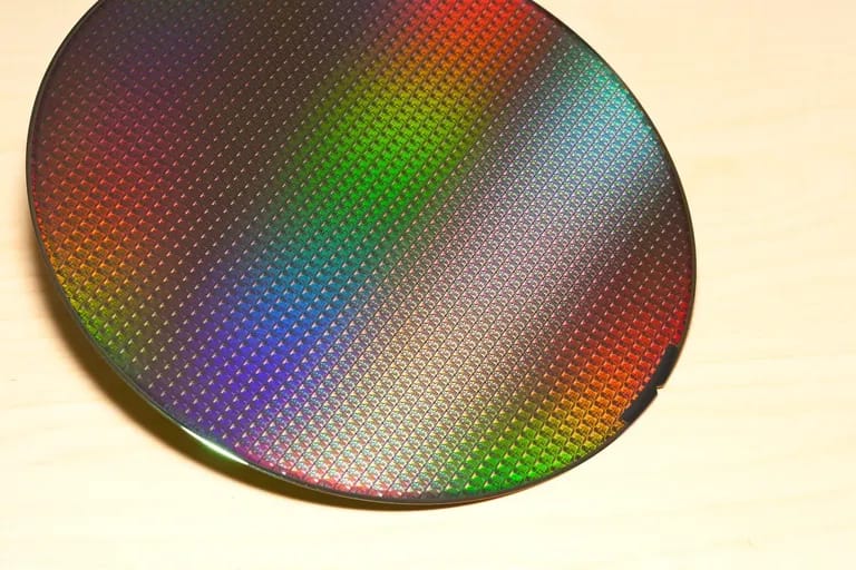 Galette de silicium aux reflets irisés posée sur une table claire