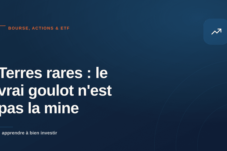Terres rares : le vrai goulot n'est pas la mine — Illustration éditoriale sur la chaîne de valeur des terres rares : extraction minière, raffinage, séparation et aimants permanents.